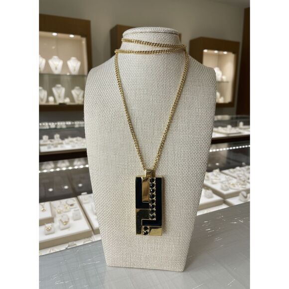 Vintage ST. JOHN Statement Necklace – Gold Tone Geometric Pendant Black Crystals